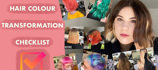 hair colour transformation in text with collage on a pink background