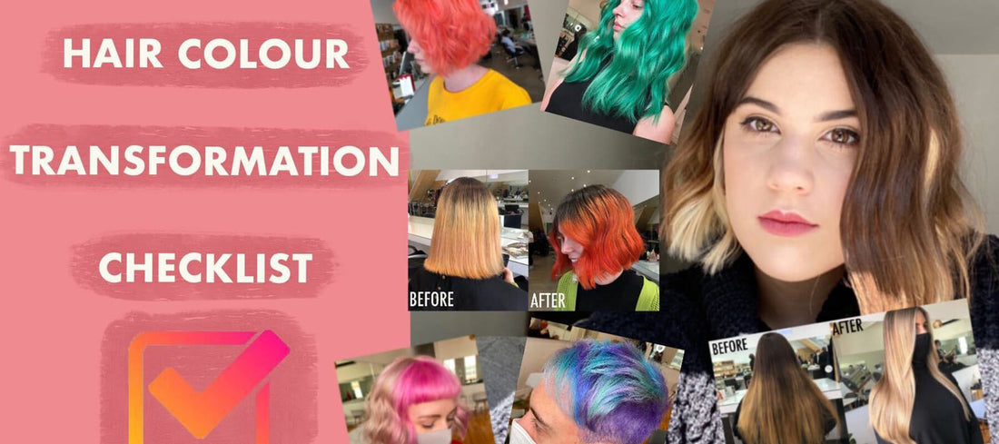 hair colour transformation in text with collage on a pink background