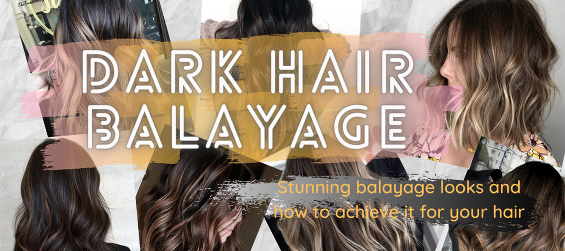 collage of dark hair balayage in text on collage