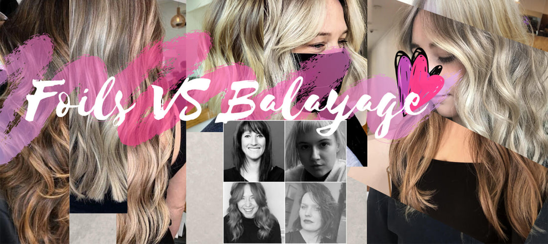 Thumbnail with text of 'Foils versus Balayage' three hair colour models
