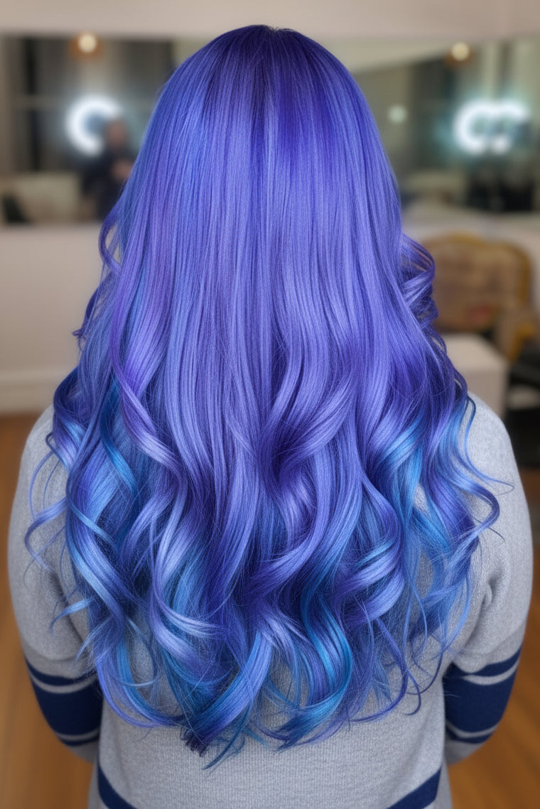 Person with vibrant blue and purple hair in a salon setting