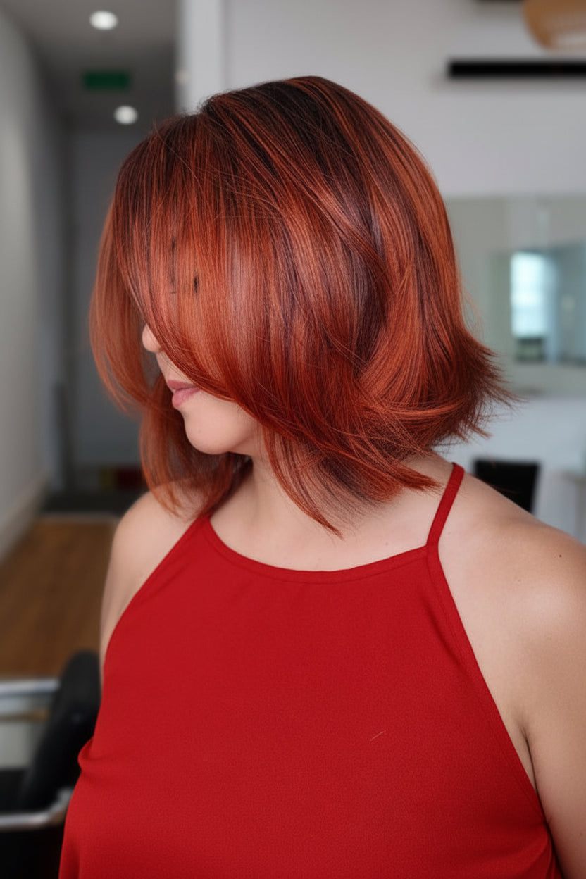 Person with red hair in a salon setting