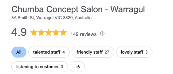 Google-style review card for Chumba Concept Salon - Warragul, showing a 4.9 star rating, 149 reviews, salon address in Warragul, Australia, and filter tabs for staff and customer feedback.